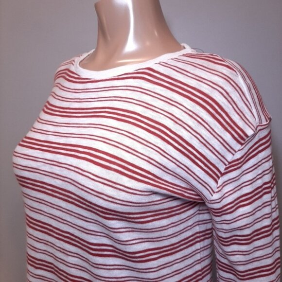 3/$20 Denver Hayes Striped Knit Top Faux Layered Hem Cotton Burgundy White - Picture 5 of 13